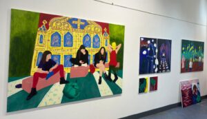 Green dog rests with Nadya, Diana, Maria, Yekatarina and Shaiba after Punk Prayer