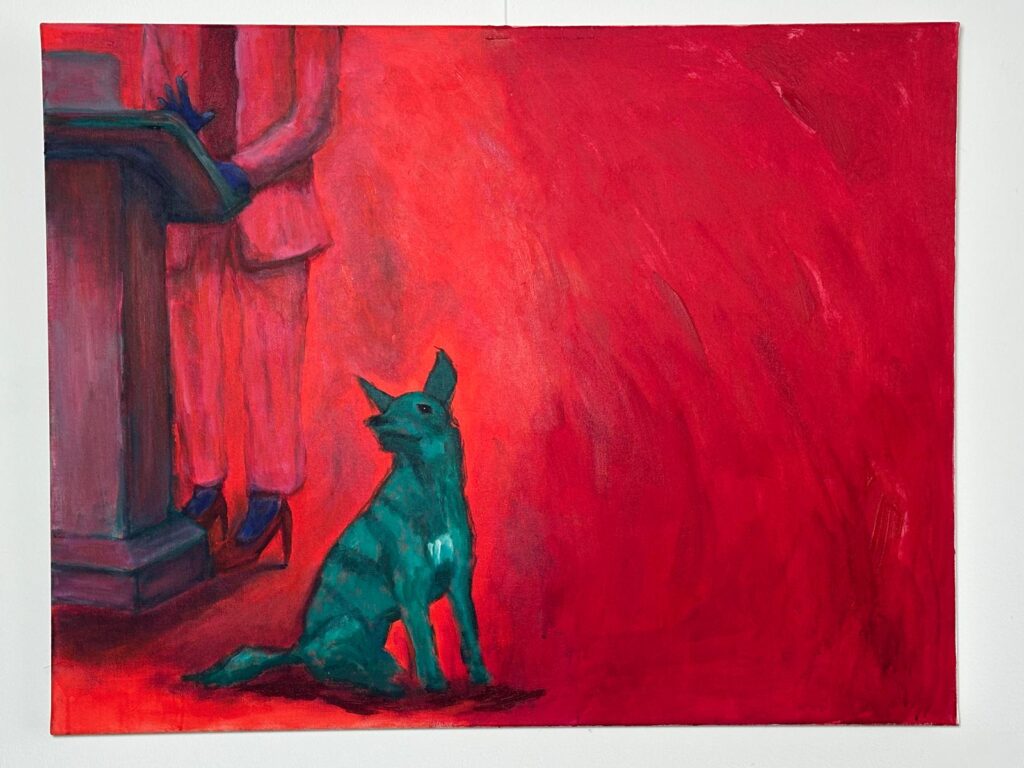 Green dog knows that she knows she lies