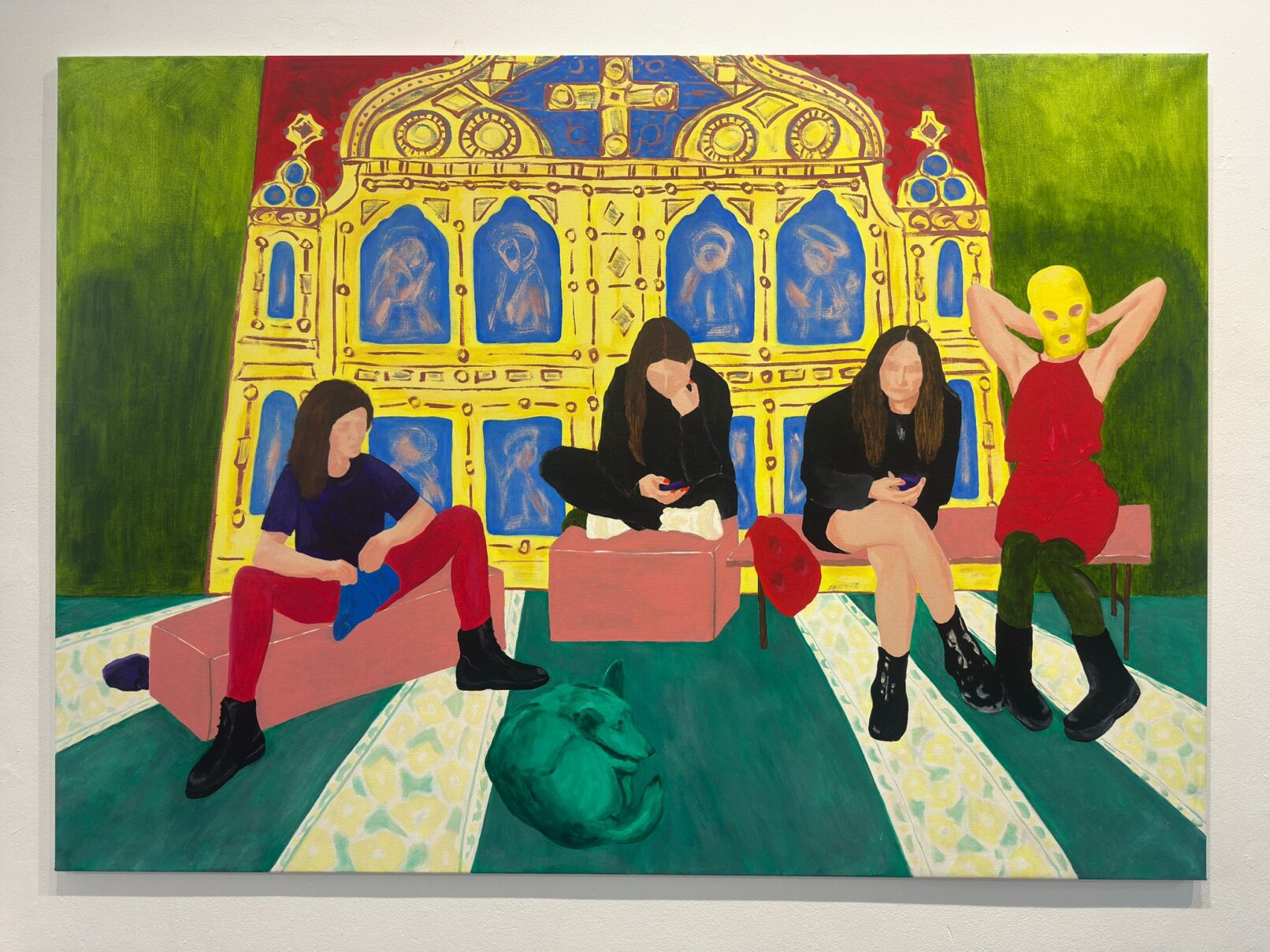 Green dog rests with Nadya, Diana, Maria, Yekatarina and Shaiba after Punk Prayer